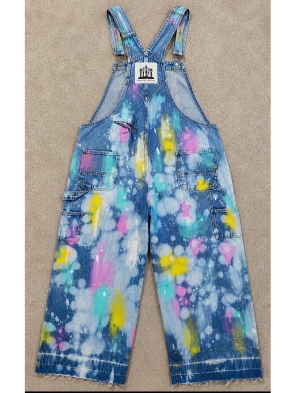 OOAK Upcycled Artwear Oversized Denim Overalls Painted Slow Stitched Boho Whimsy - Picture 3 of 16